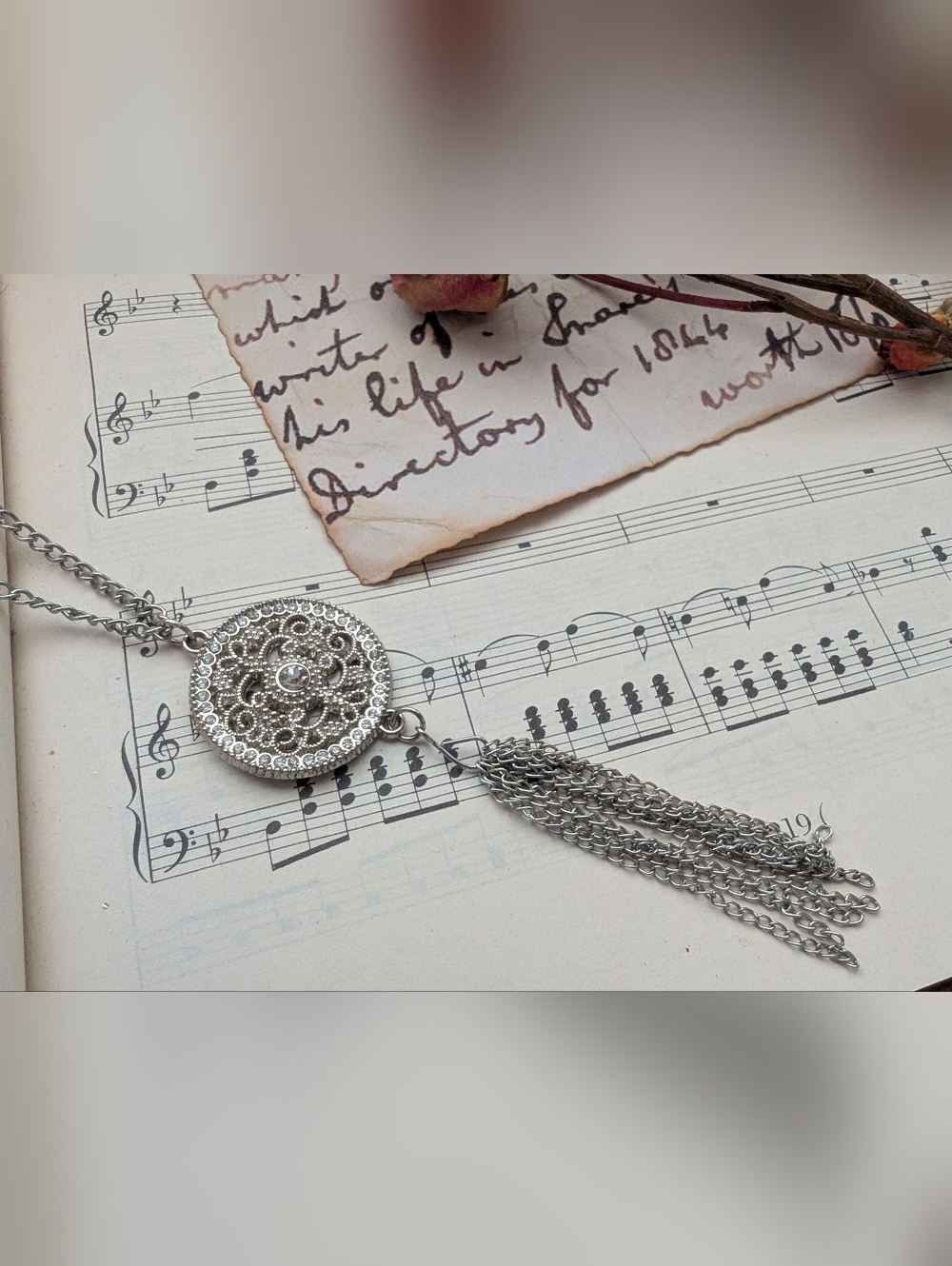 Silver Filigree Round Pendant Necklace with Chain Tassel
